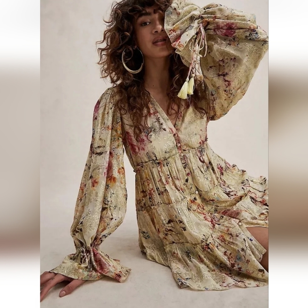 Rococo Sand Cara Mini Dress metallic gold floral free people womens Size large - Picture 14 of 15